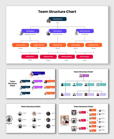 Team structure chart with CEO, managers, staff, colorful boxes, connectors, and Hierarchy.