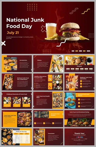 National Junk Food day slides showcasing the history, celebrations, health risks, and unusual flavors of junk food.