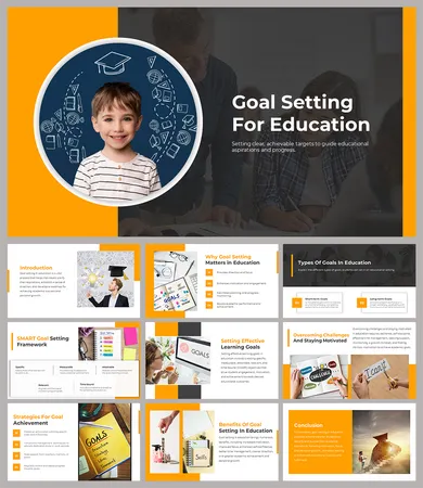 Goal setting for education slide deck with an image of a child surrounded by icons, next to a title and caption areas.