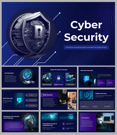 A pack of cyber security slides featuring a shield graphic symbolizing protection against digital threats and data breaches.
