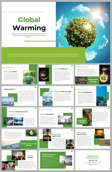 A pack of global warming slides featuring many sections like the greenhouse effect, carbon footprint, and renewable energy.