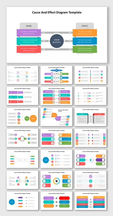 Collage of 25 colorful slides featuring various cause and effect diagram layouts using arrows, boxes, and circular elements.