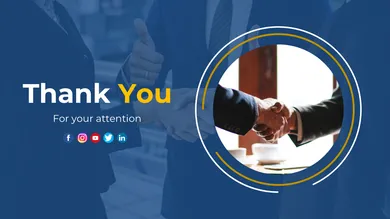 Thank you slide with a handshake photo in a circular frame, blue and yellow accents, and social media icons below the text.