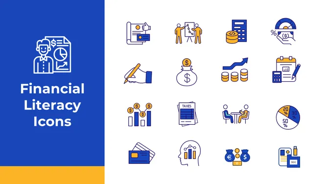 Set of colorful financial literacy icons including graphs, calculators, credit cards, and charts for money management visuals
