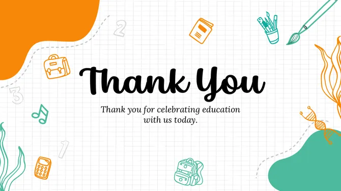Thank you slide with education icons, grid background, and a message celebrating learning together.