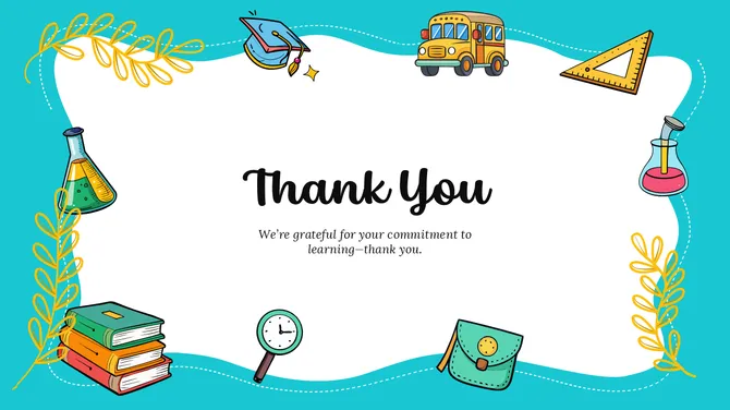 Thank you slide with education icons like books, bus, lab flasks, and stationery on a bright teal frame.