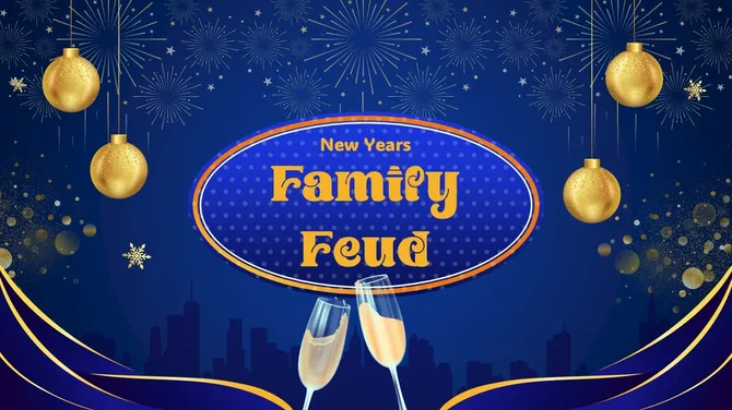New Year Family Feud game screen with fireworks, gold ornaments, clinking champagne glasses, and night city backdrop.