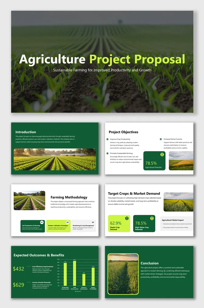 Agriculture Project Proposal slides showing sustainable farming, crop objectives, methods, outcomes today value.