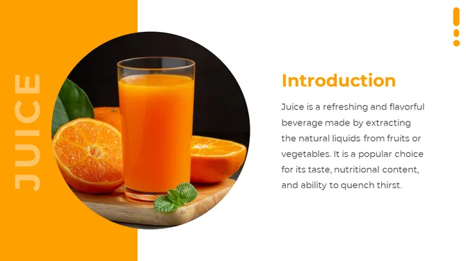 Orange left panel with circular photo of orange juice in glass and sliced fruit with bold title and text on the right.