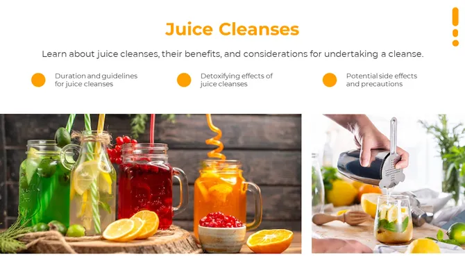 Orange title and three captions at top and bottom shows vibrant juice jars with fruits and a hand straining juice into glass.