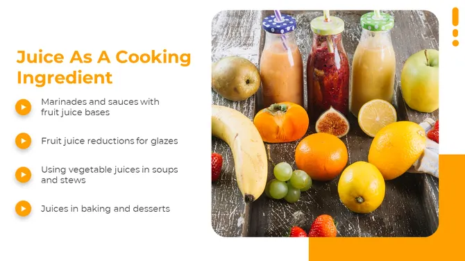 Orange title and bullet list on left and rounded image of fruits and bottled juices arranged on a wooden surface.