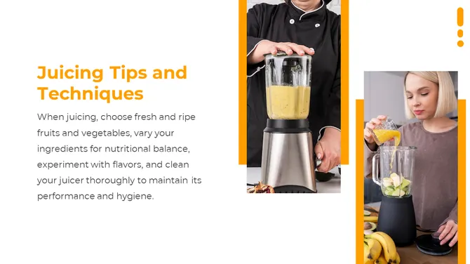 Left orange title with juicing tips and right side shows chef with blender and woman pouring juice into fruit filled jar.