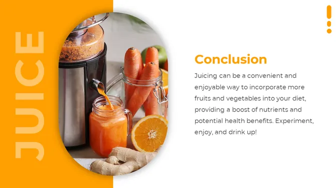 Orange and white split layout with curved photo of juicer, carrots, and juice jar in rounded frame and text on right.
