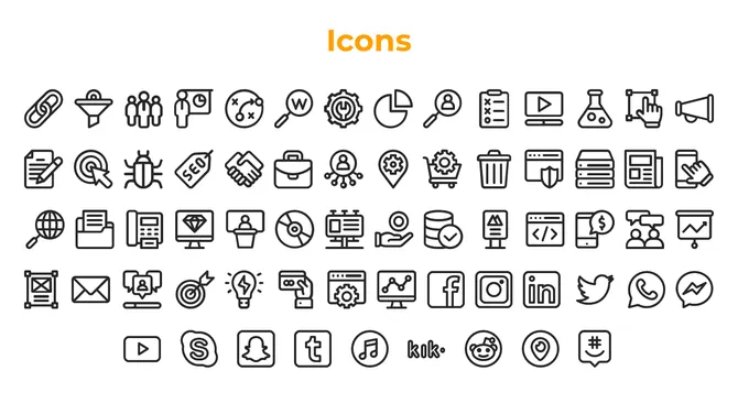 Multiple rows of line style icons for marketing, data, and media above a row of social media logos, under an orange title.