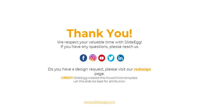 Centered thank you in orange text, followed by message and five colorful social media icons, on light background.