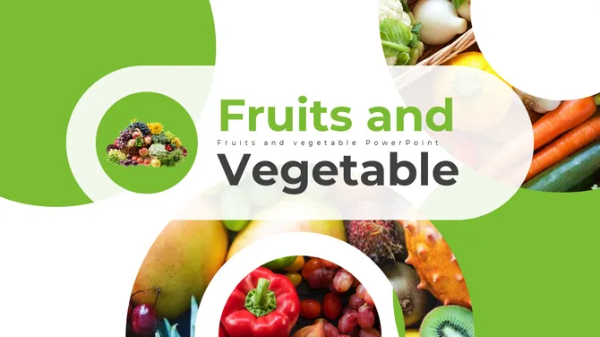 Green circular shapes showing fruit and vegetable images with a white overlay and large title in the center.