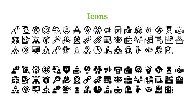 White layout featuring black business icons, split into outlined and filled rows, and a bold green heading centered.