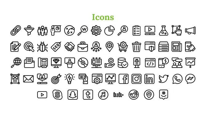 Rows of simple outlined icons in black with green top title, arranged in consistent horizontal layout.