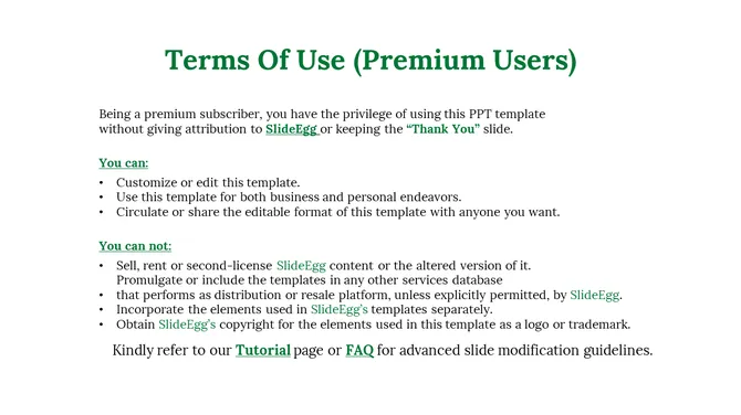 Center aligned green title with left aligned black text and bullet lists in two sections with bold headers on white backdrop.