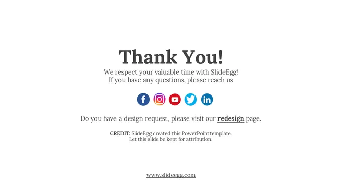 Thank You slide with message, five social media icons, redesign link, and SlideEgg attribution at the bottom.