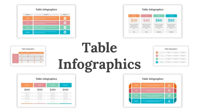 Table infographics showcase with multiple PowerPoint table designs, pricing layouts, and comparison styles arranged neatly.
