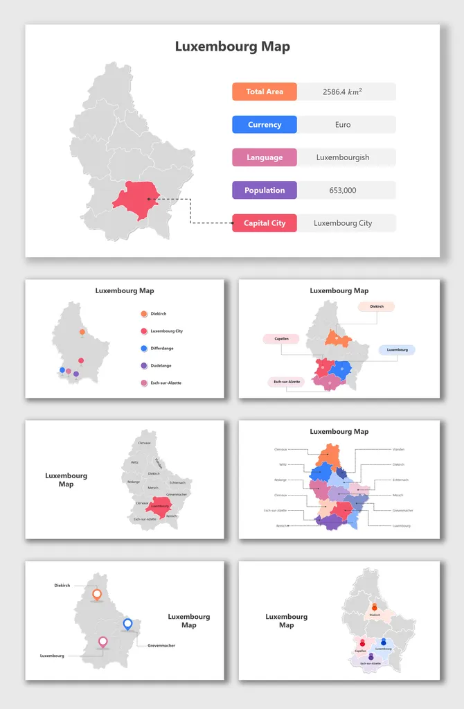 Luxembourg map slide deck with colorful regions, highlighting cities and details like area, currency, and population.