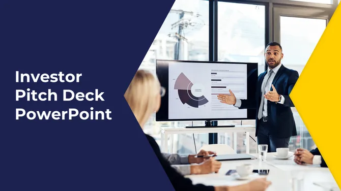 Corporate pitch deck template highlighting investment data, market sizing, and growth strategies, in navy and yellow tones.