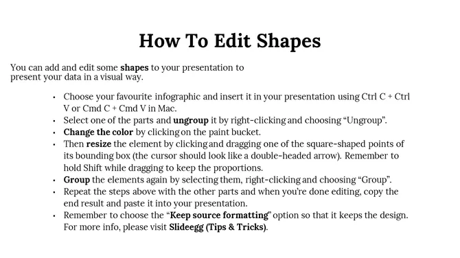 A tutorial slide explaining how to edit shapes in PPT, with steps including copying an infographic, resizing, and grouping.