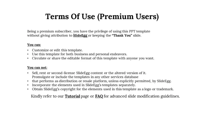 Terms of use slide for premium users, explaining that they can use the template without crediting SlideEgg on a white theme.