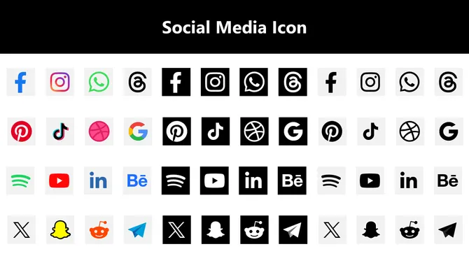 Social Media Icons slide with line-style symbols for chat, likes, shares, followers, and media tools on white tiles.
