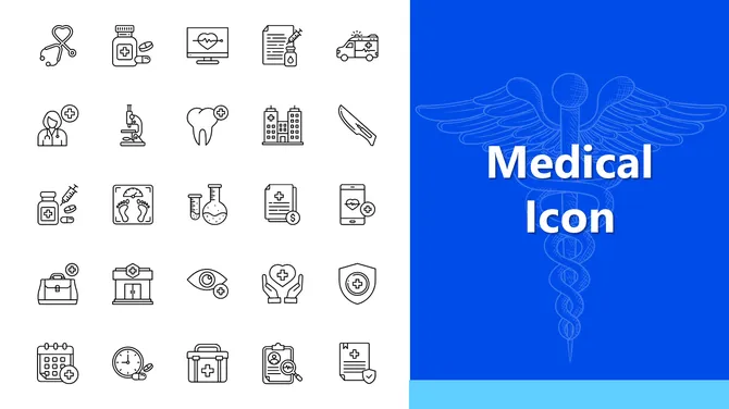 Medical Icon set with stethoscope, hospital, syringe, and lab tools on blue-white themed presentation slide.