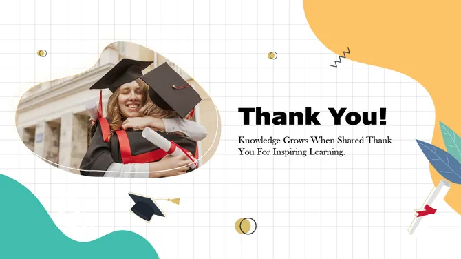 Graduation thank you slide showing smiling graduates hugging, caps, diploma icons, and soft pastel accents.