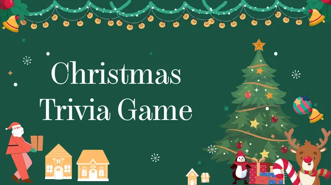 Christmas trivia game banner with decorated tree, Santa, gifts, reindeer, and festive lights on green background.