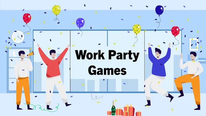Work party games screen with coworkers celebrating, balloons, confetti, gifts, and office background illustration.
