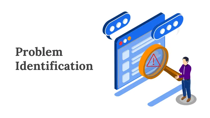 Problem identification slide with a person using a magnifying glass on a warning screen.