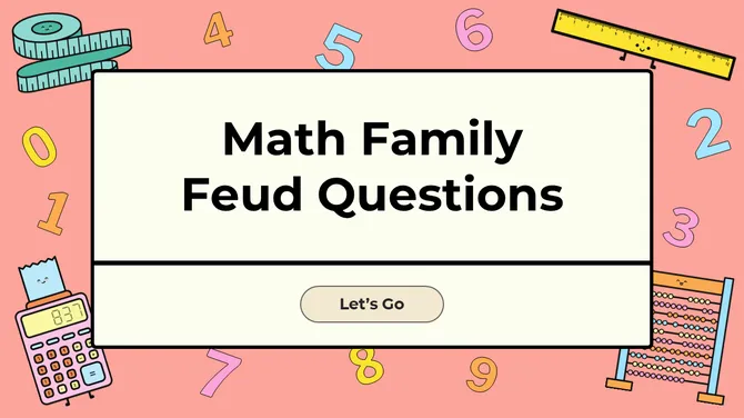Math Family Feud questions screen with numbers, calculator, ruler, abacus, and playful pastel background.