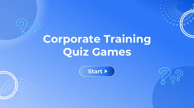 Corporate training quiz games screen with blue gradient background, question marks, and start button interface.