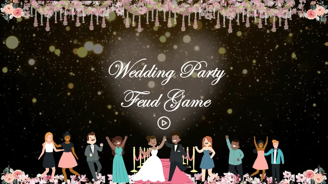 Wedding party feud game screen with bride, groom, guests dancing under floral decor and glowing lights.