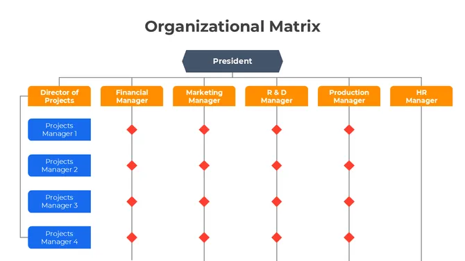 Organizational matrix chart showing president, department managers, and project managers in a structured layout.