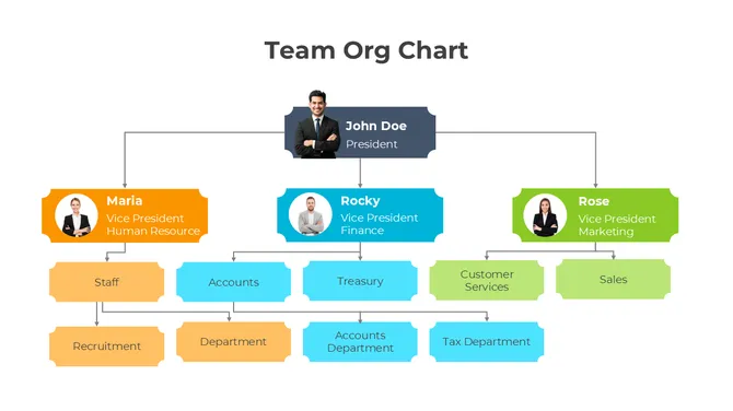 Team org chart showing president, vice presidents of HR, finance, and marketing with departments and staff structure.