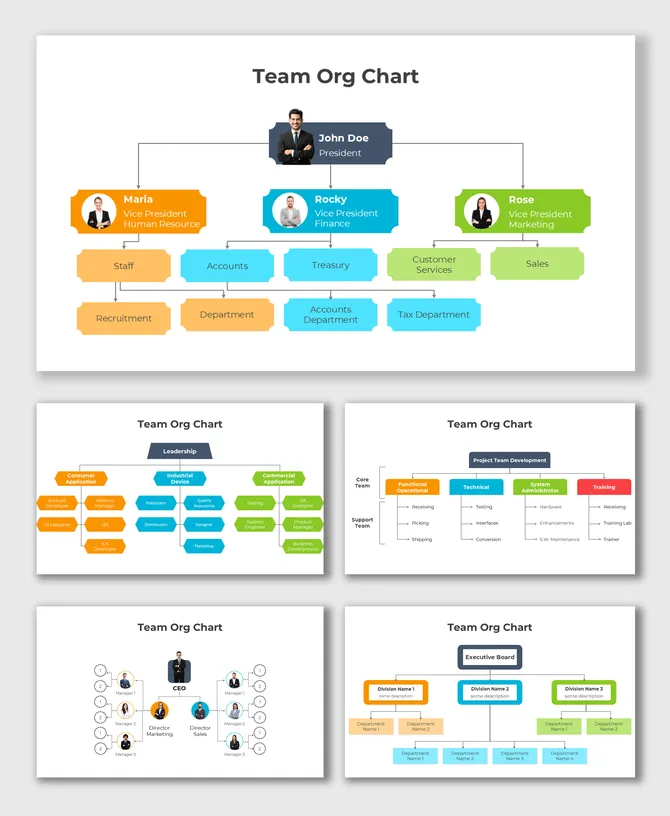 Team Org Chart slides with colorful hierarchy boxes, leader photos, and connected department structures.