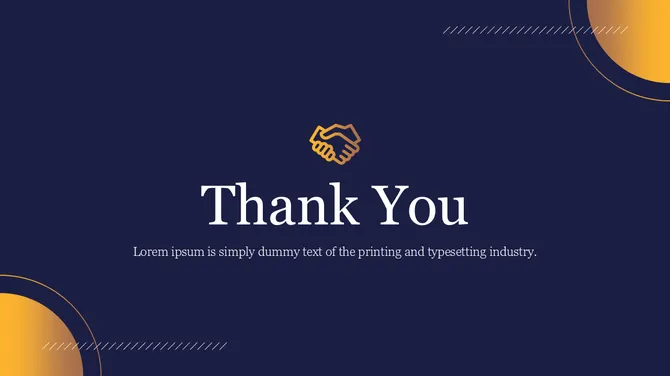 Thank you slide with handshake icon, dark blue background, gold accents, and clean professional layout.