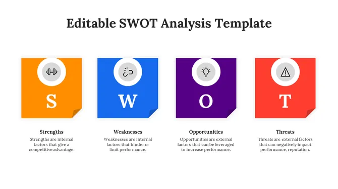 SWOT slide with four square shaped, folded corner blocks in orange, blue, purple, and red, and icon in a circular frame.