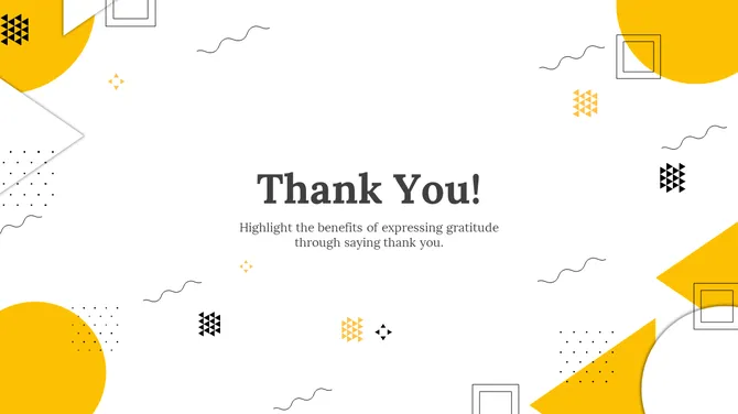 Thank you slide with yellow circular and geometric shapes, combined with black patterns and dotted lines on a white backdrop.