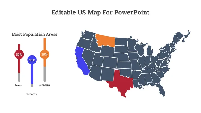 US map slides showing various data visualizations, including population percentages and highlighted regions.