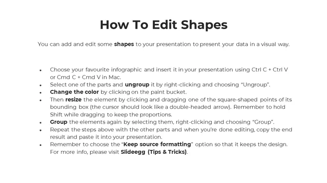 Tutorial slide on editing and formatting shapes, including grouping and resizing visual elements in an infographic.