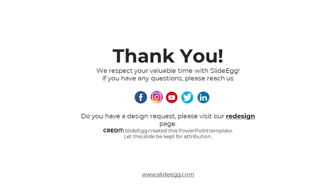 Minimalistic slide with a thank you message, social media icons, and attribution credits at the bottom.