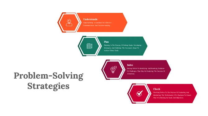 Four hexagonal icons in orange, green, purple, and red with icons inside, arranged diagnolly with text beside.
