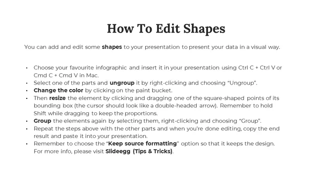 Guide showing how to edit shapes in a presentation, with black text and simple step by step instructions.
