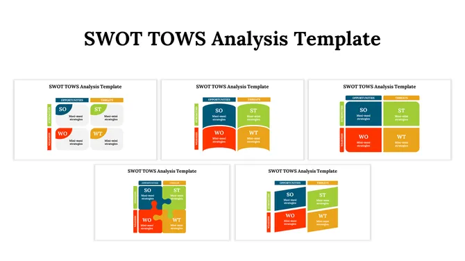 Slide featuring five different SWOT TOWS matrix templates, each with colorful sections and varied block styles.